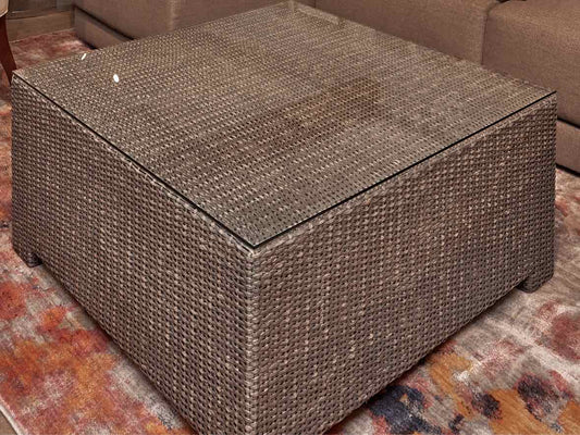 Crate & Barrel Gray Rubbed Finish Rattan Glass Top Cocktail Table