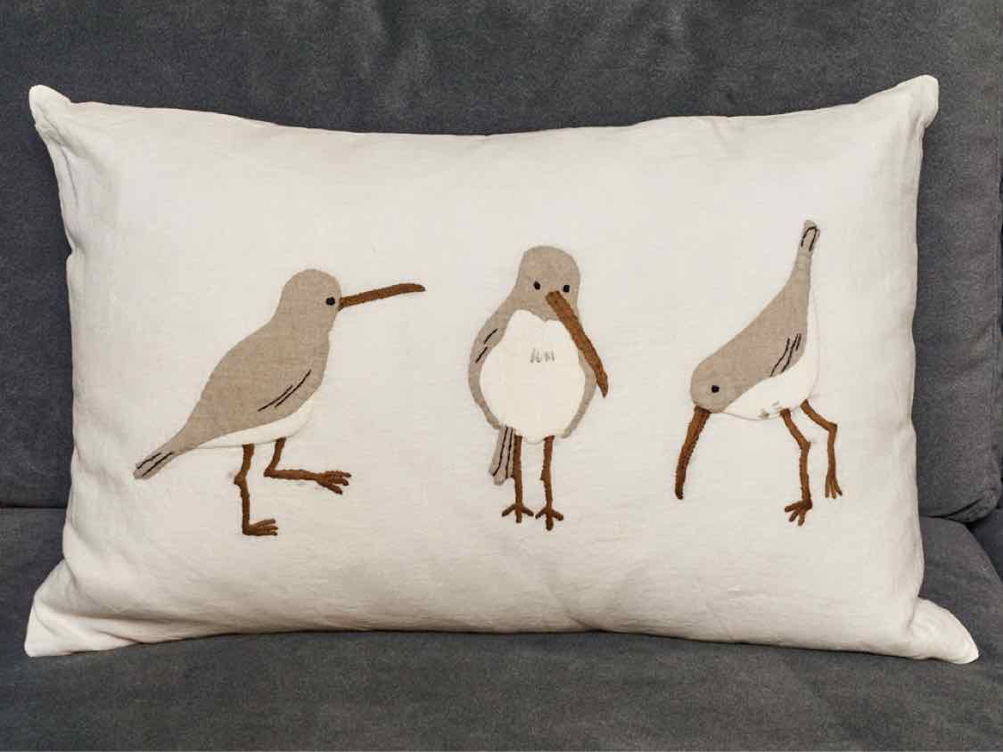 Shore Birds Embroidered Cream Linen Lumbar Accent Pillow