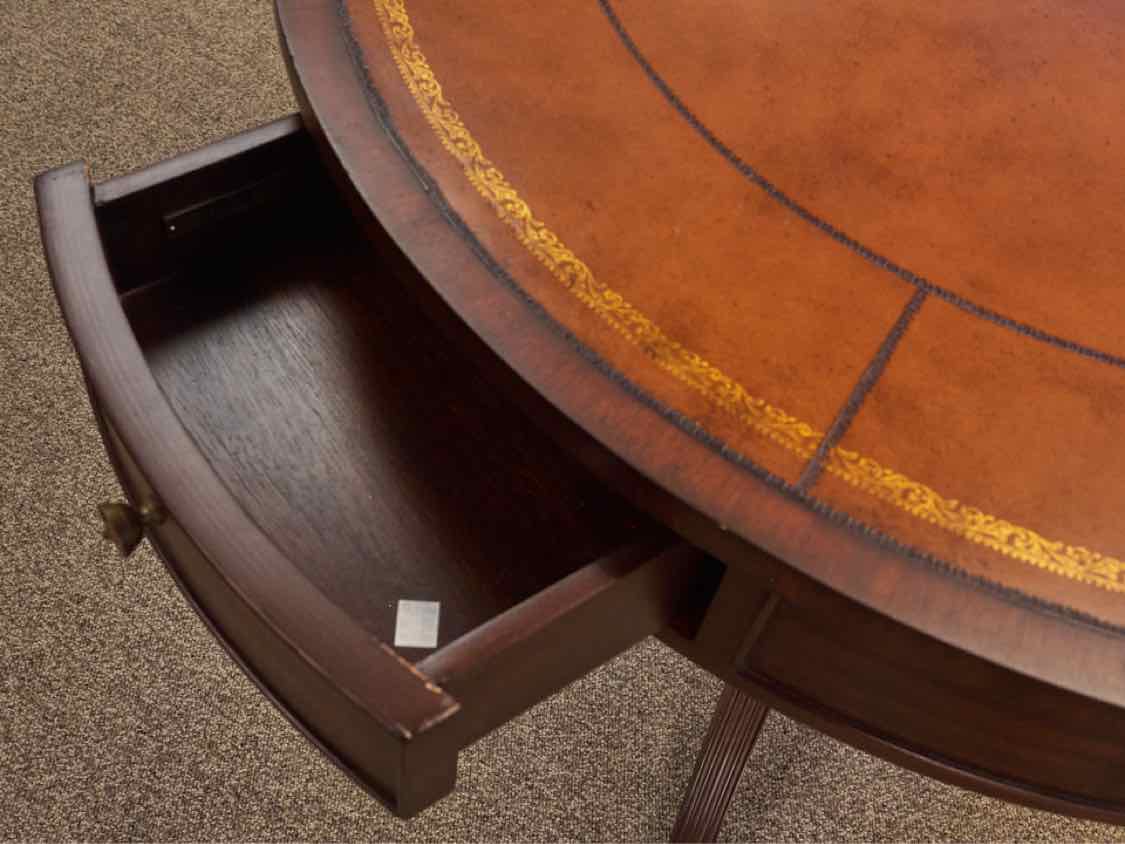Ethan Allen Mahogany Rent Accent Table with Leather Top on Pedestal Base
