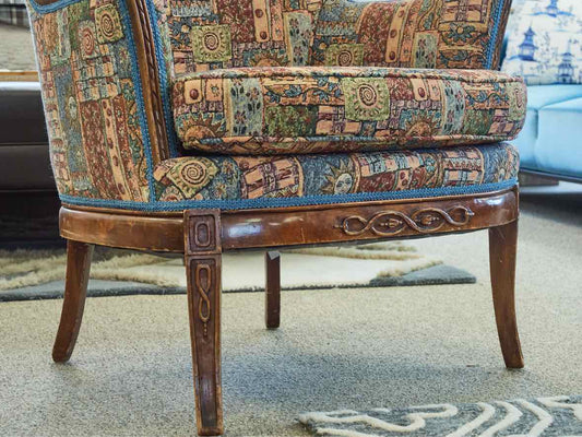 Woodframe Wing Chair in Quilt Print Fabric with Carved Detail