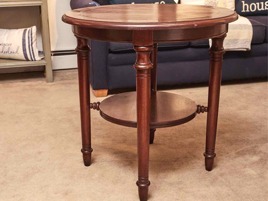 South Cone Leather Top & Walnut Turned Legs & Lower Shelf  Accent Table