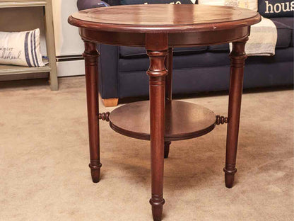 South Cone Leather Top & Walnut Turned Legs & Lower Shelf  Accent Table