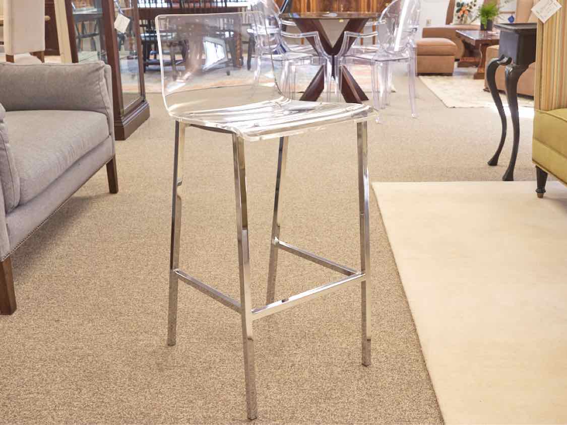 Set of 3  CB2 Chrome and Acrylic  Bar Stools