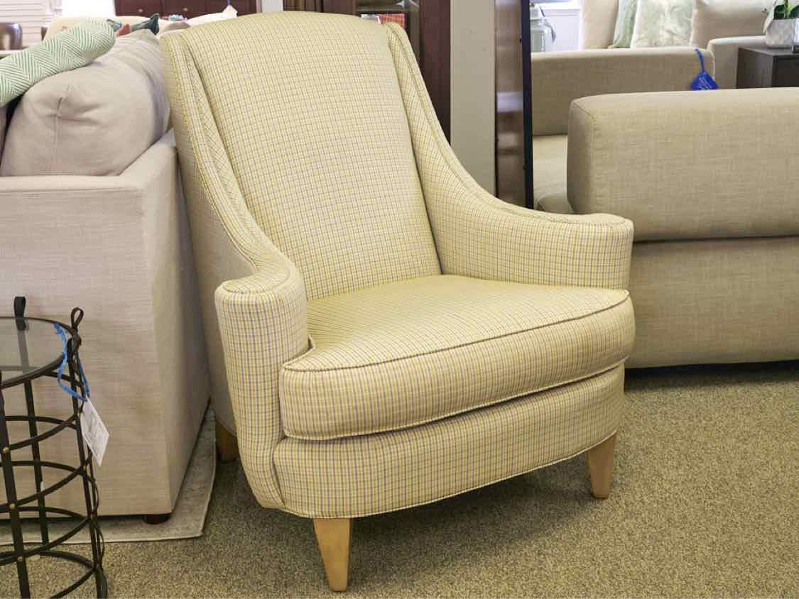 Ethan Allen Yellow & Blue Check Upholstered Wing Chair