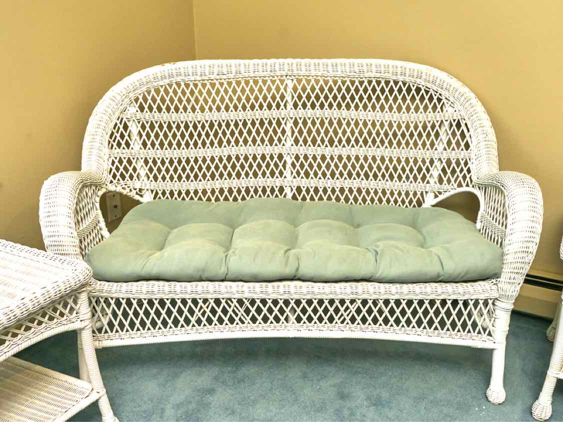 Pier1   Indoor White Wicker  Loveseat,Rocker, Side Chair, 2 Side Tables Set