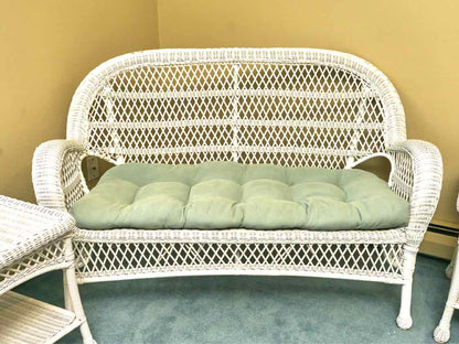 Pier1   Indoor White Wicker  Loveseat,Rocker, Side Chair, 2 Side Tables Set