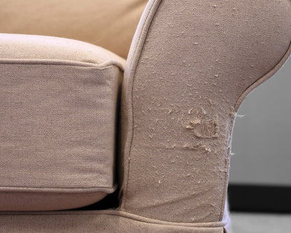 Queen Sleeper Sofa in Beige Woven Upholstery w/Skirt. 2 Cushion