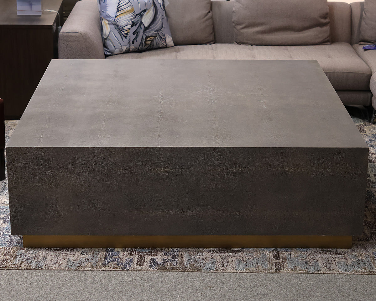 Mandalay 60" Square Cocktail Table in Grey Faux Shagreen with Satin Brass Base