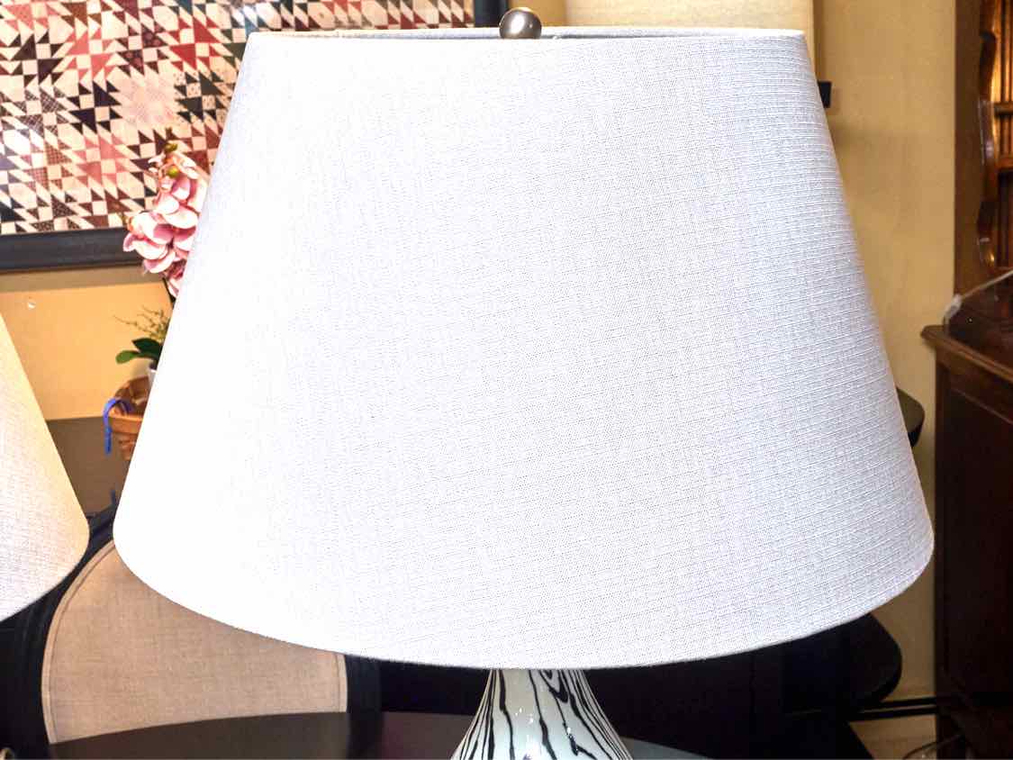 Pair Of White& BLack Ceramic Table Lamps With Silver Grey  Linen Shades