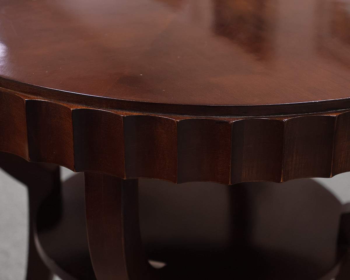 Brown Mahogany Pie Table. One Shelf. Fluted Edge on Top Tier