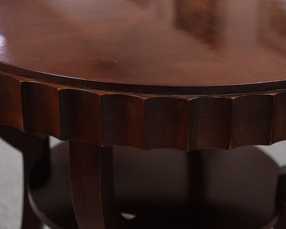 Brown Mahogany Pie Table. One Shelf. Fluted Edge on Top Tier