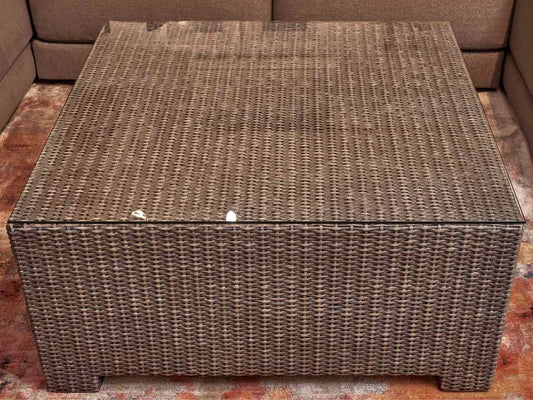 Crate & Barrel Gray Rubbed Finish Rattan Glass Top Cocktail Table