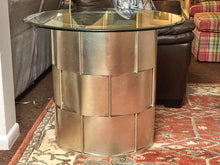 Round Glass Top  Silver Metal Drum Base Accent Table