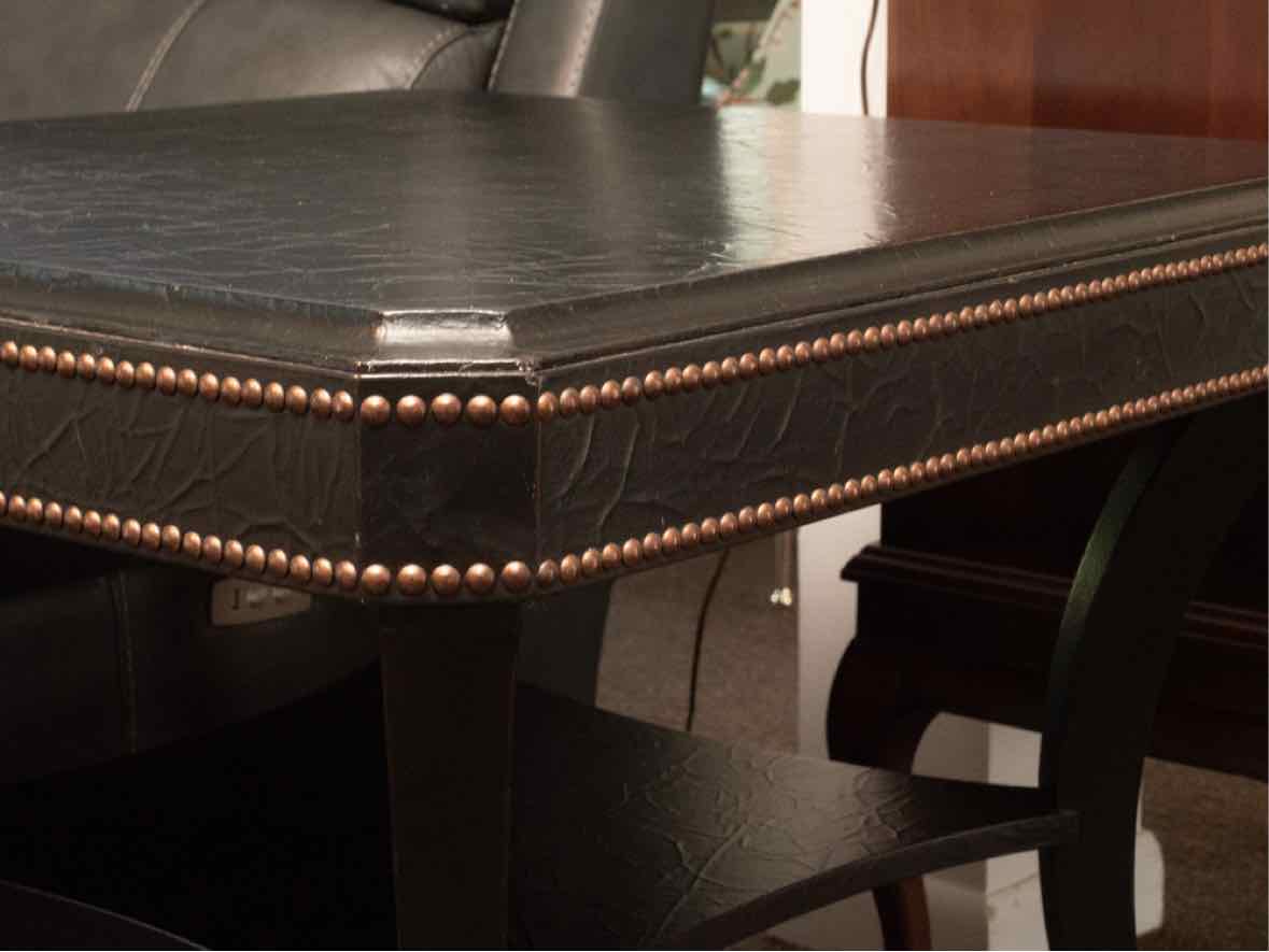 Ethan Allen Black Leather Wrapped Nailhead Trim Round  Accent Table