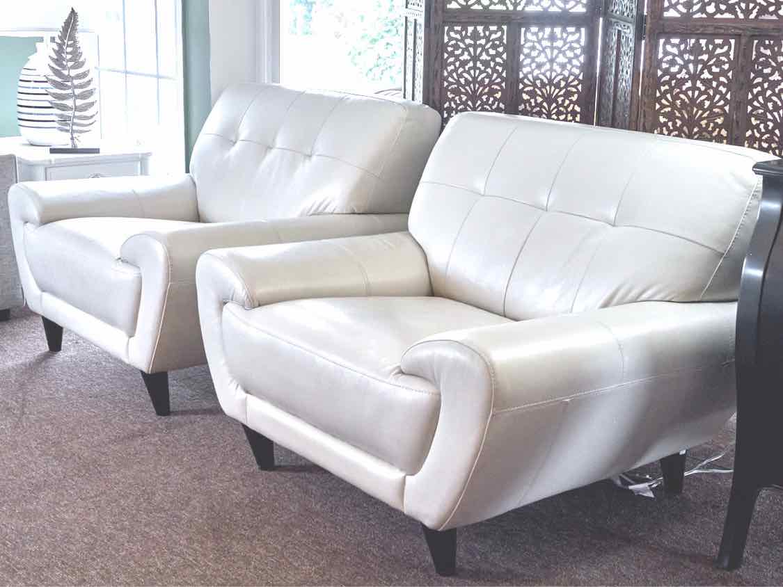 Pair of Rooms To Go 'Cindy Crawford' Ivory Leather Chairs