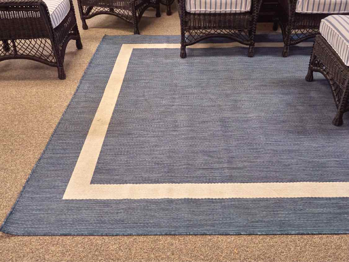 Outdoor Denim Blue Area Rug W/ Ivory Border