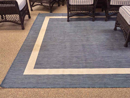 Outdoor Denim Blue Area Rug W/ Ivory Border