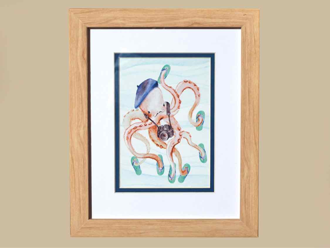'Tourist Octopus' Watercolor Print In Ash Frame