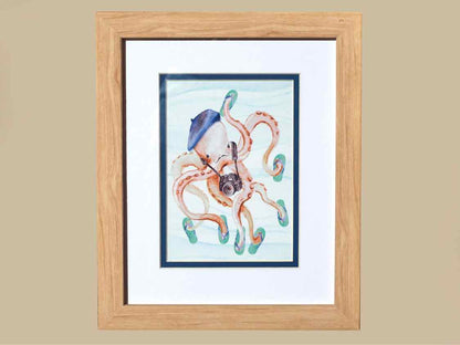'Tourist Octopus' Watercolor Print In Ash Frame
