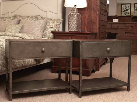 Pair of Pottery Barn Gunmetal Frame & Elm Wood Plank Top  Nightstands