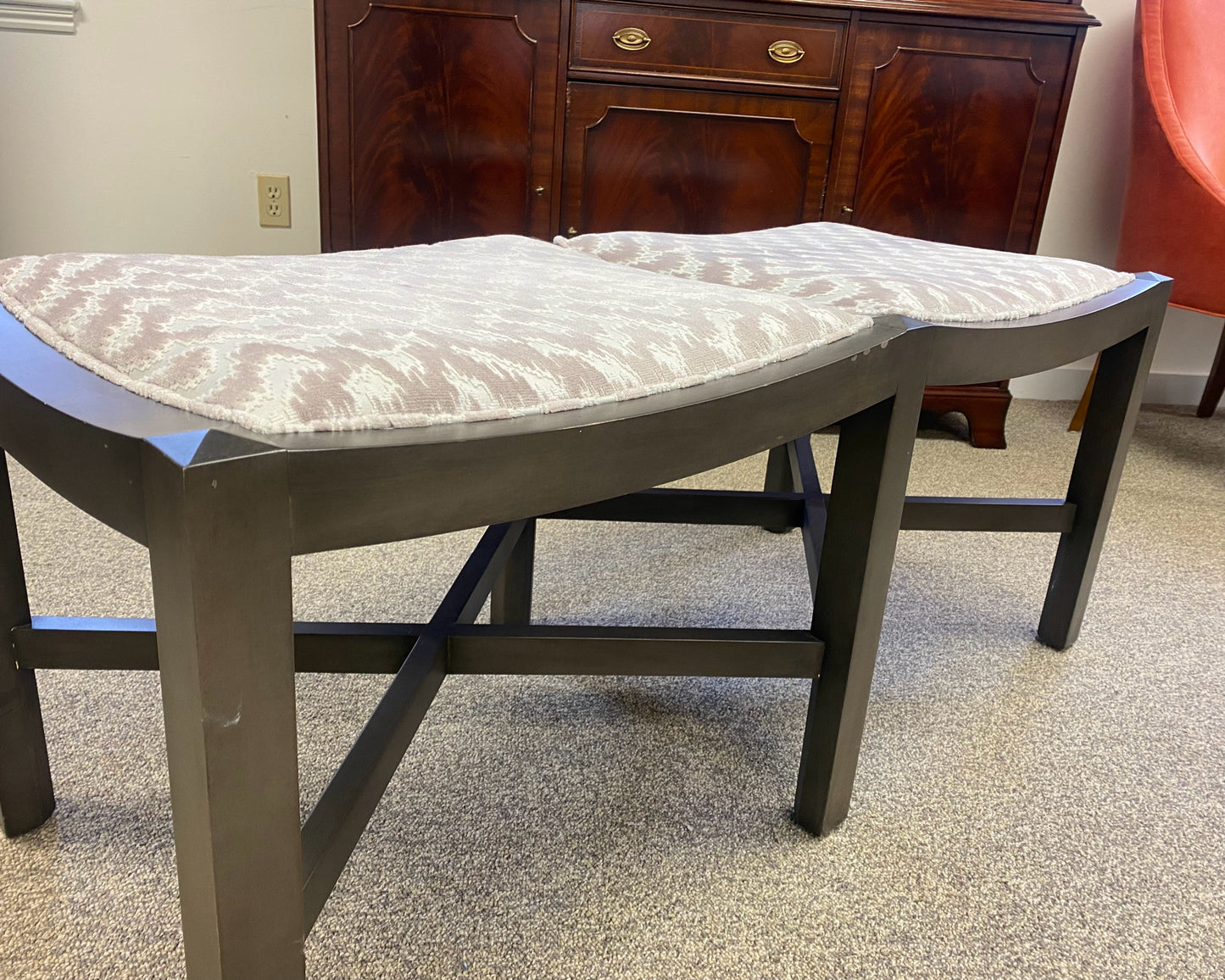 Lee Industries Bench with Blush & Ivory Flame Velvet in Dark Grey Frame