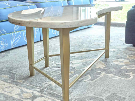 MarbleTop Kidney Shape Brushed Brass Metal Legs Cocktail Table