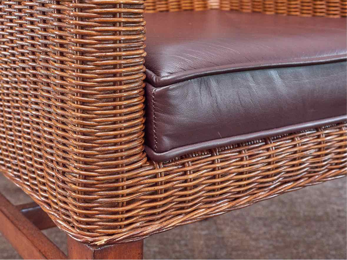 Pair of Ethan Allen' Shiloh' Wicker Arm Chairs with Bonded Leather Seat Cushion