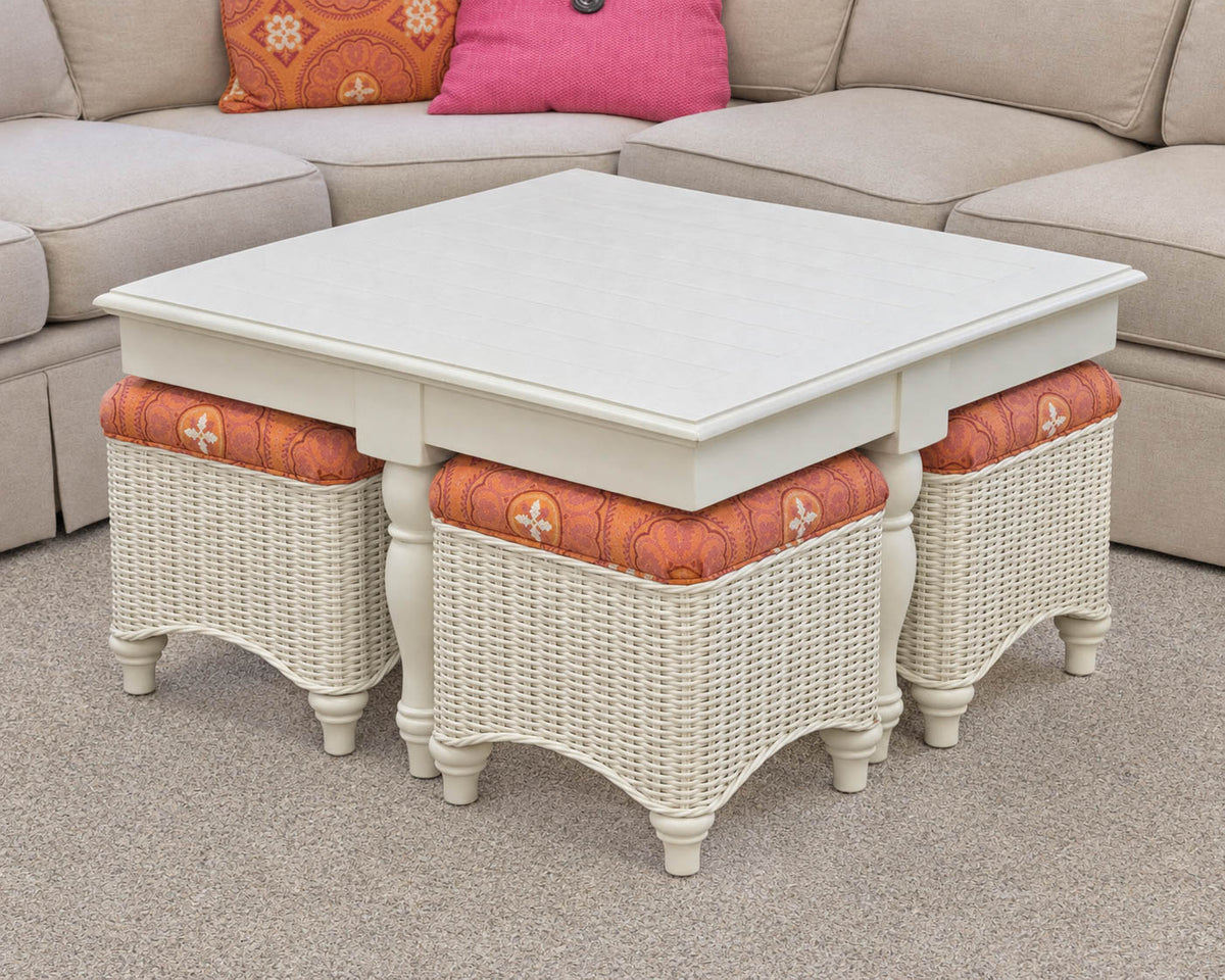 Capris Furniture Hassock Cocktail Table in White Wood & Wicker