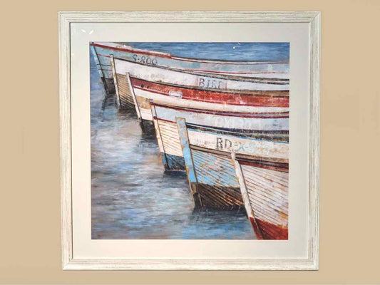 'Rowboats' Art Print Matted Under Glass White Washed Ridged Frame