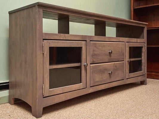 Gray Wash Media Furniture with 2 Glass Doors & 2 Drawers with Nickel Knobs