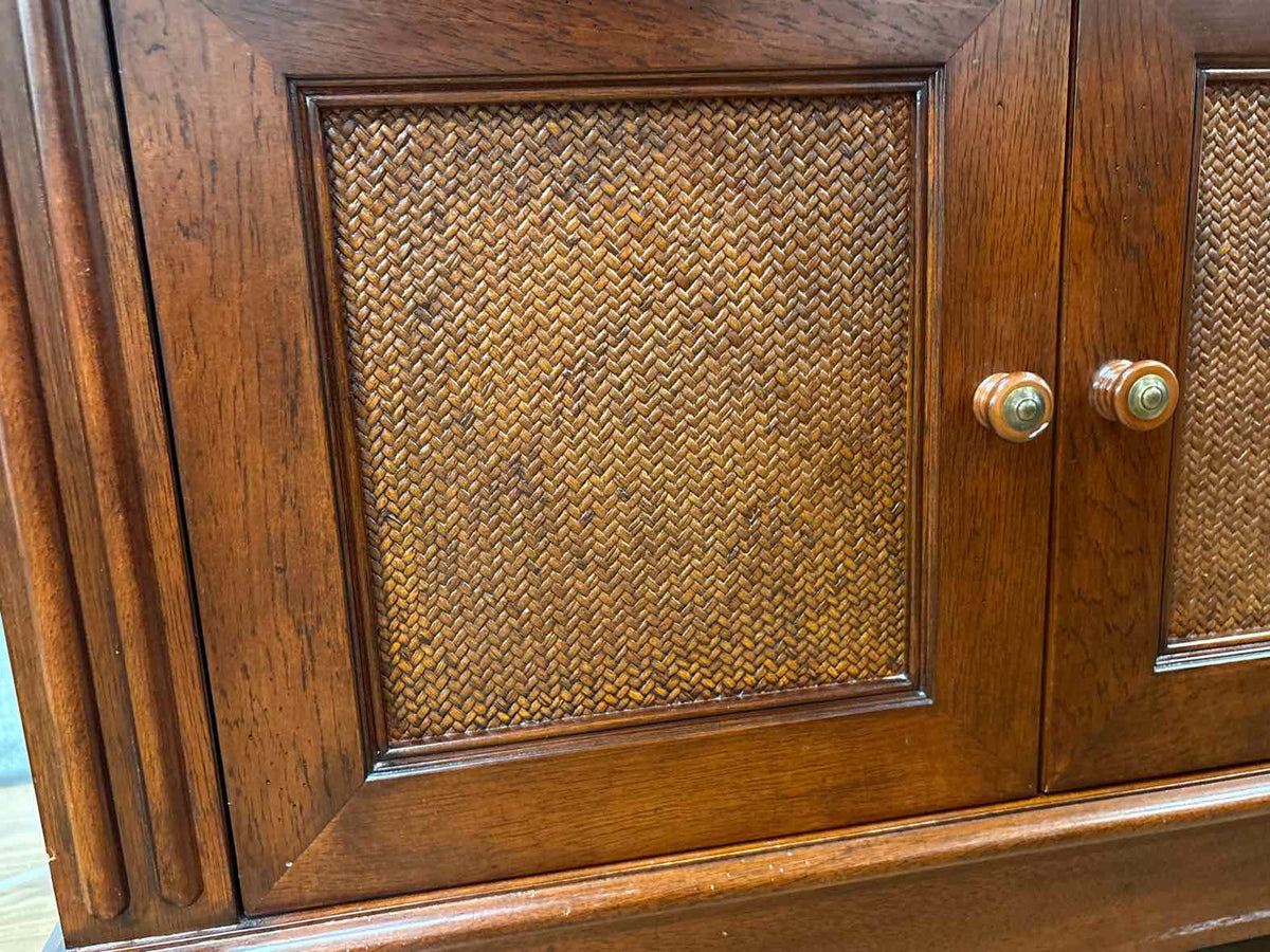 Ethan Allen Cherry 4 Door With Rattan Accents  Console