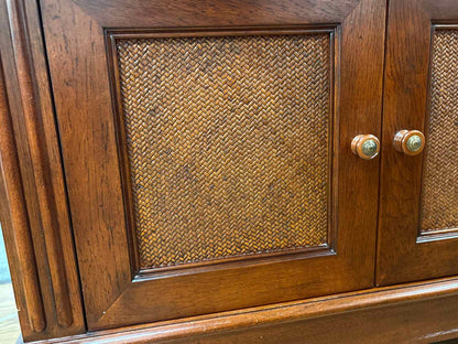 Ethan Allen Cherry 4 Door With Rattan Accents  Console
