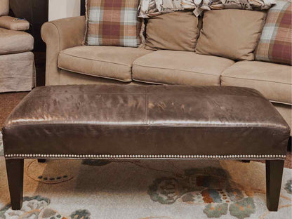 Grey Blue Leather Nailhead Trim Black Finish Legs Ottoman