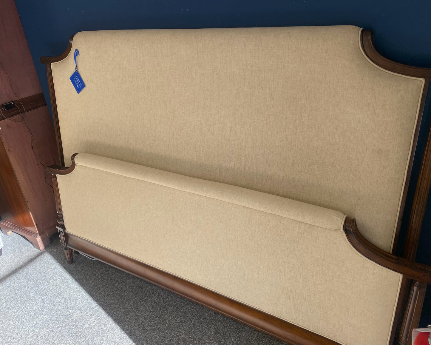 King Wheat Upholstered Wood Trim Bed with Fluted Columns