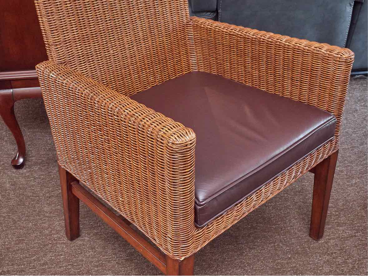 Pair of Ethan Allen' Shiloh' Wicker Arm Chairs with Bonded Leather Seat Cushion