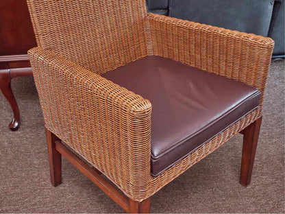 Pair of Ethan Allen' Shiloh' Wicker Arm Chairs with Bonded Leather Seat Cushion