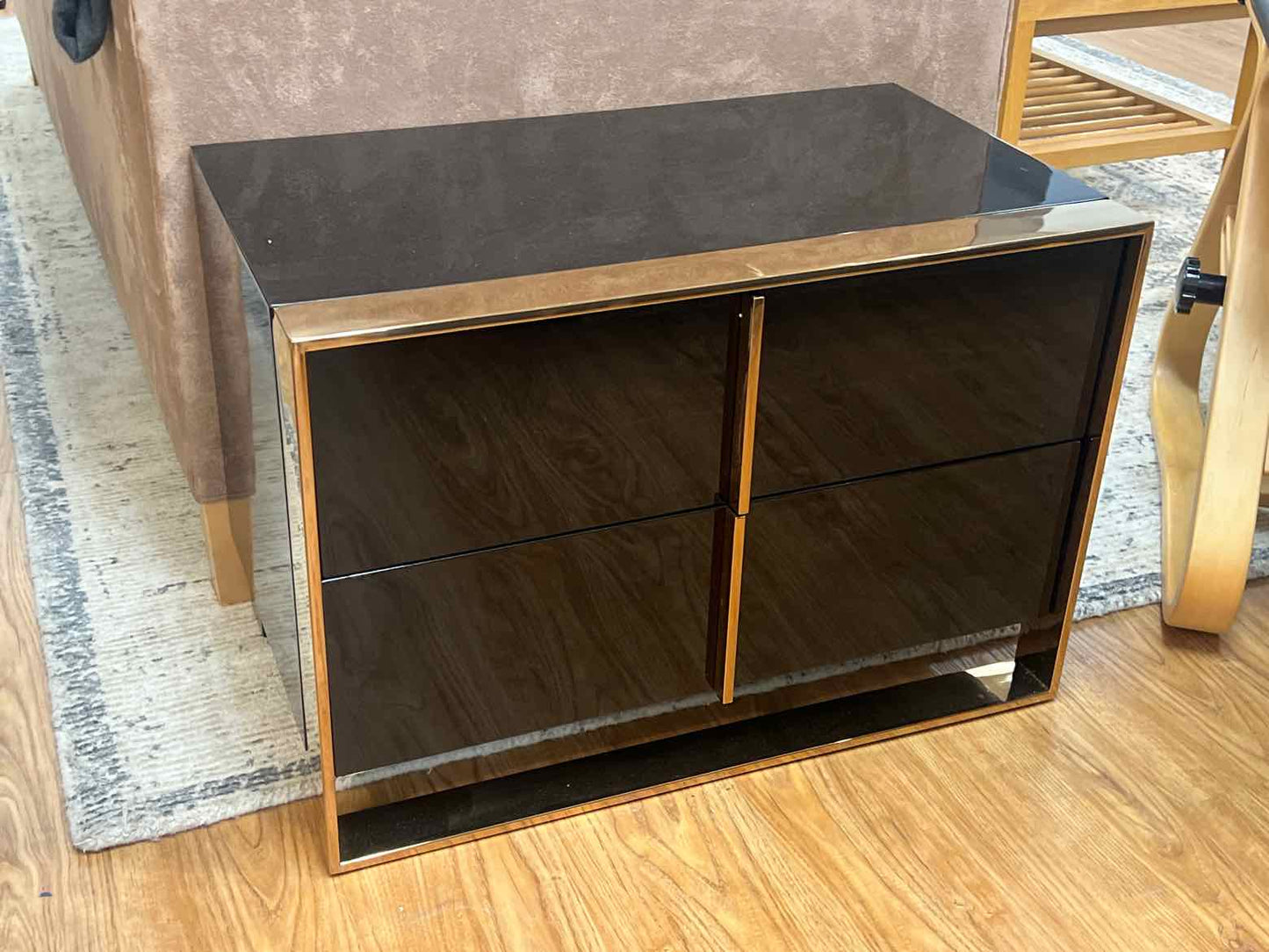 Pair of Black Lacquer Nightstands  w/ Gold Accents