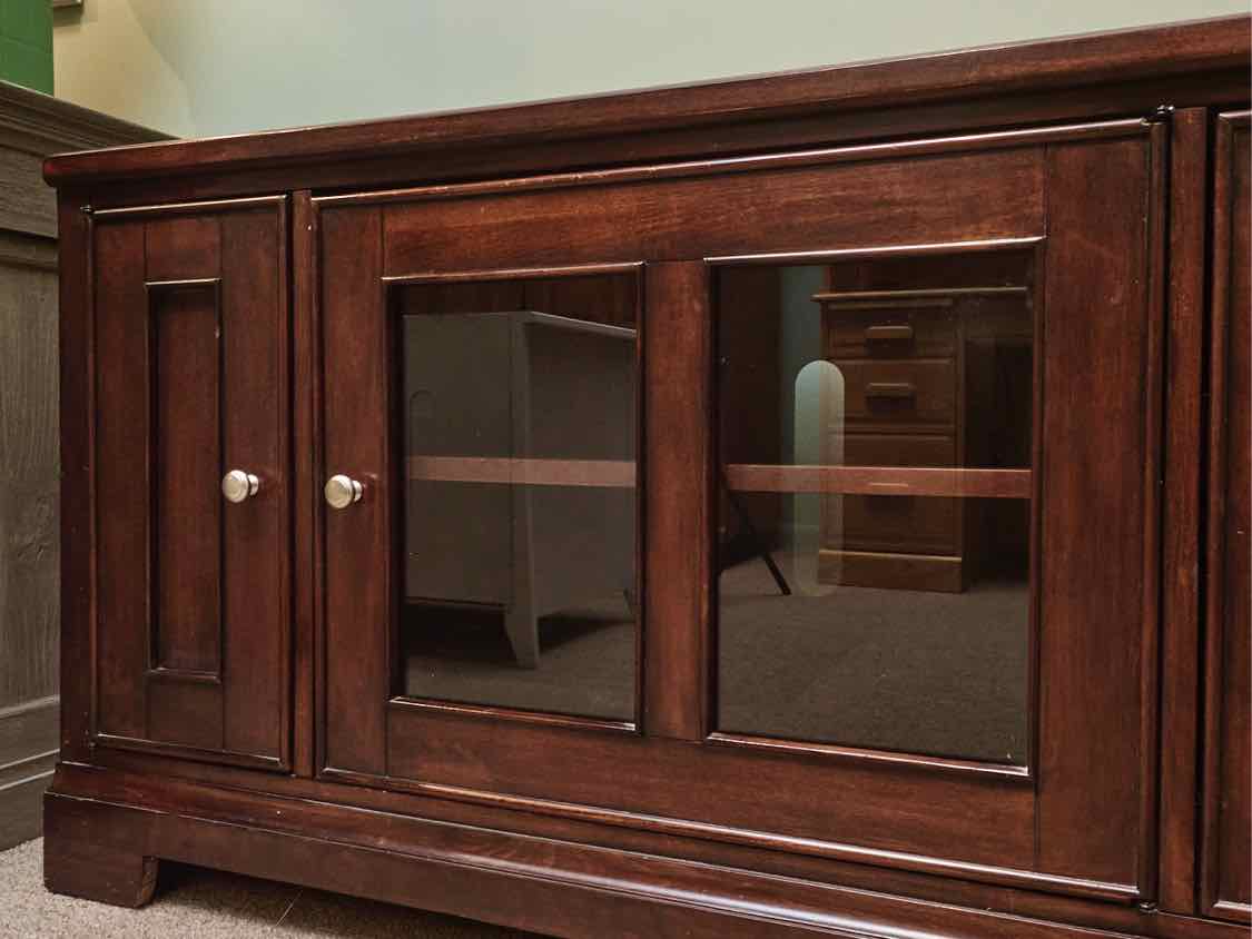 Cherry Stain Media Furniture with Glass Door & 2 Wood Doors