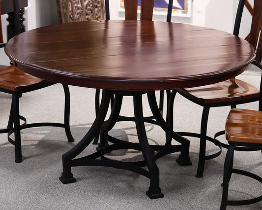 Round Mahogany Table With Metal Base and Six Chairs