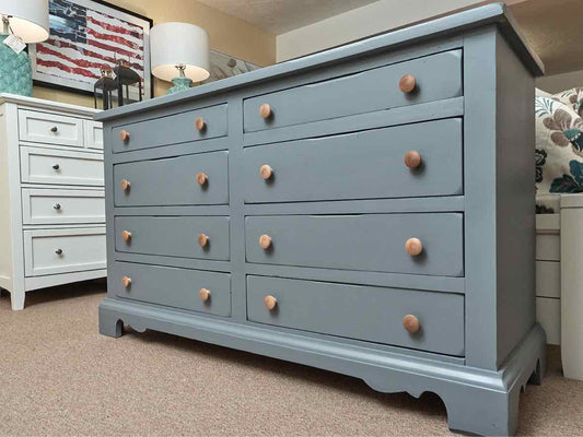 Colonial Blue Finish 8 Drawer Dresser with Natural Wood Knobs