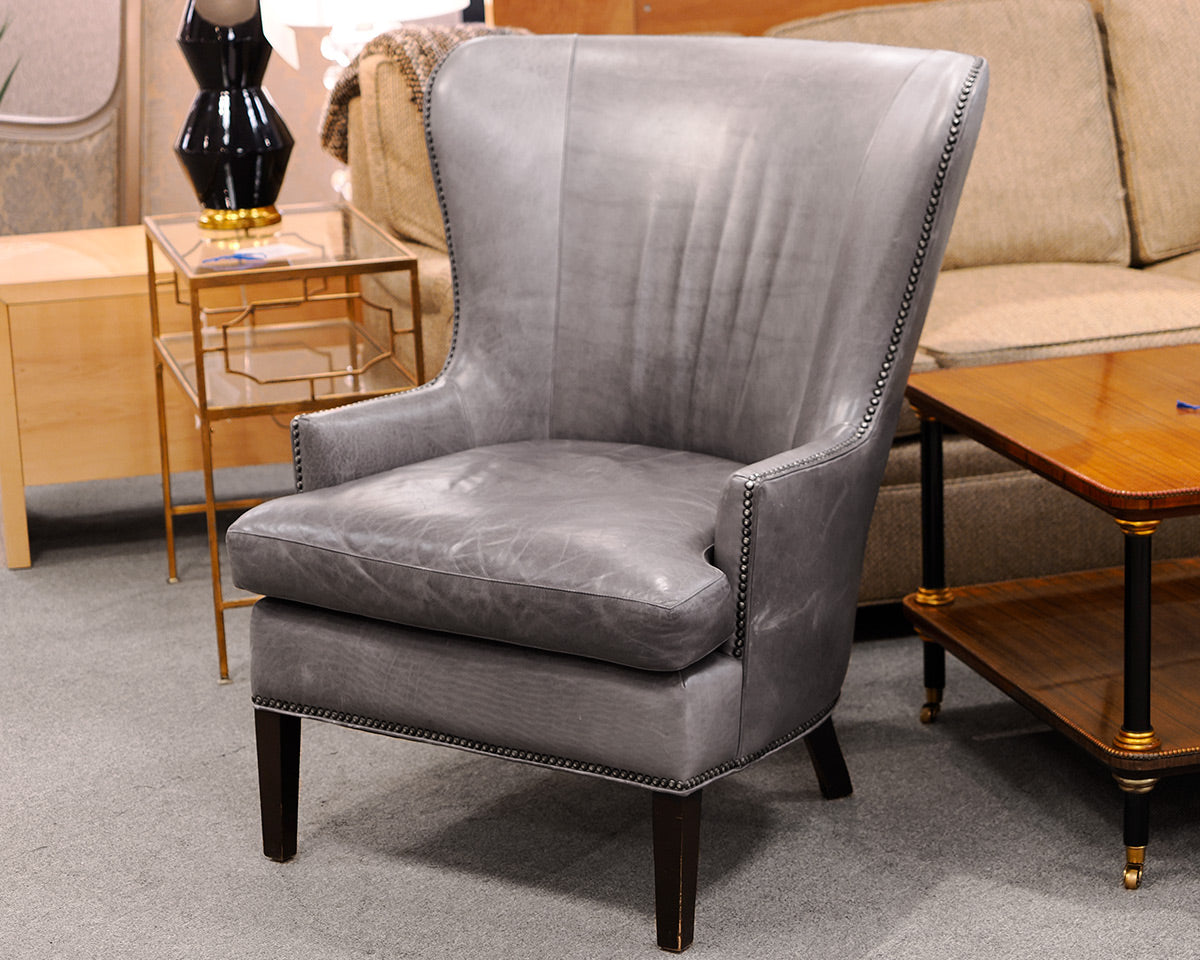 Crate & Barrel Gray Leather Wing Chair
