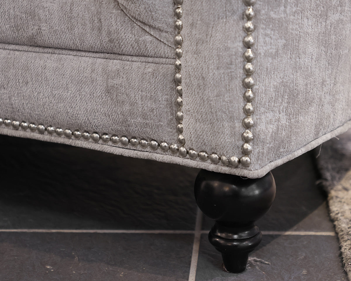 ZGallerie Tufted Sofa in Gray Chenille, Silver Nailhead Trim, Espresso Legs.