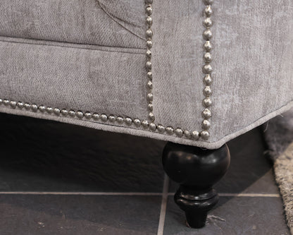 ZGallerie Tufted Sofa in Gray Chenille, Silver Nailhead Trim, Espresso Legs.