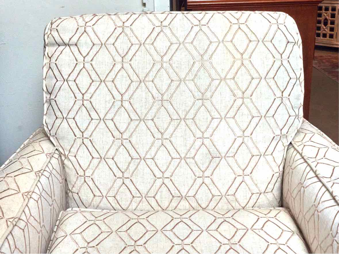 Swivel Chair with Track Arm in Ivory & Beige Trellis Design Upholstery