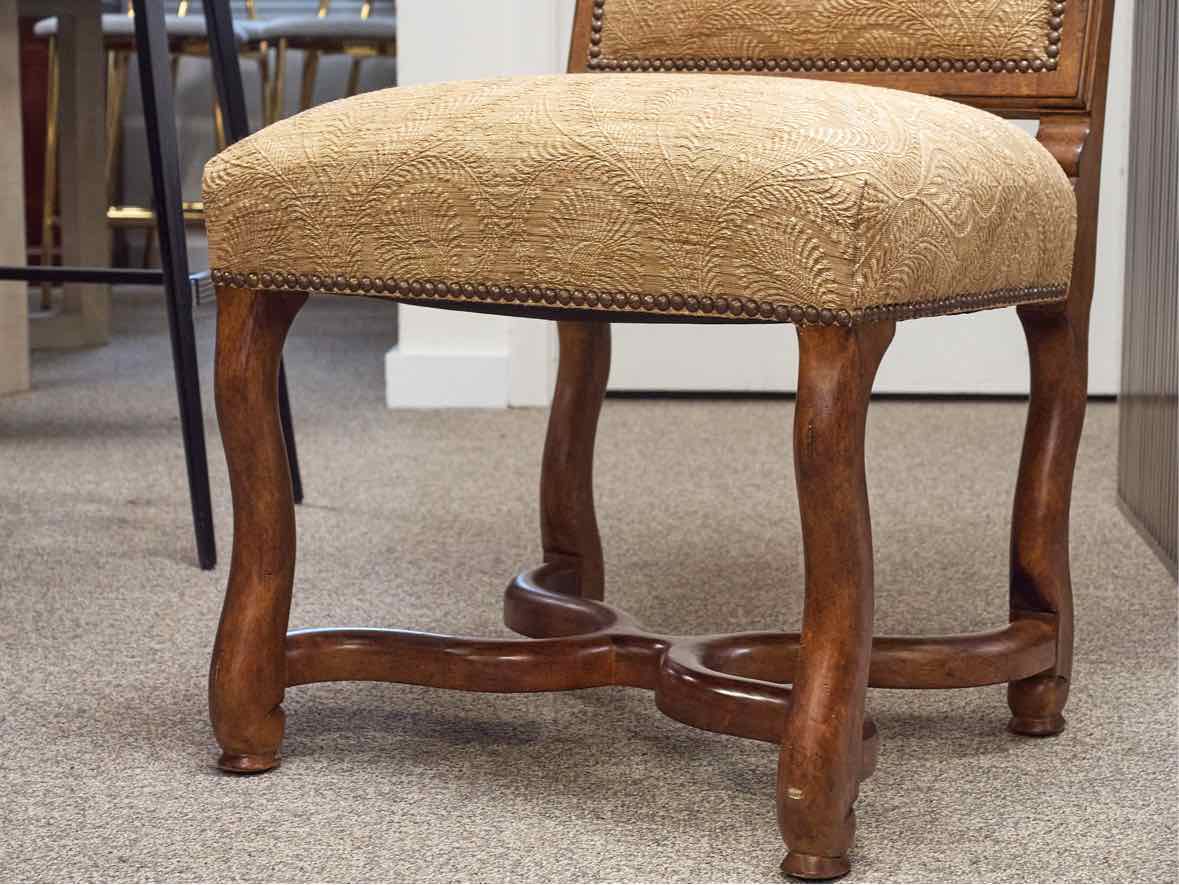 Wood Paneled Dining Table & 8 Fabric Dining Chairs w/ Nail Head Trim