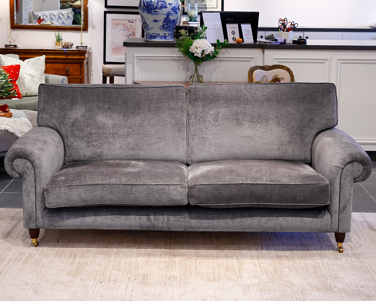 Gray Sofa w/ Rolled Arms and Spindle Wood Feet w/ Gold Casters