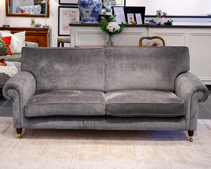 Gray Sofa w/ Rolled Arms and Spindle Wood Feet w/ Gold Casters
