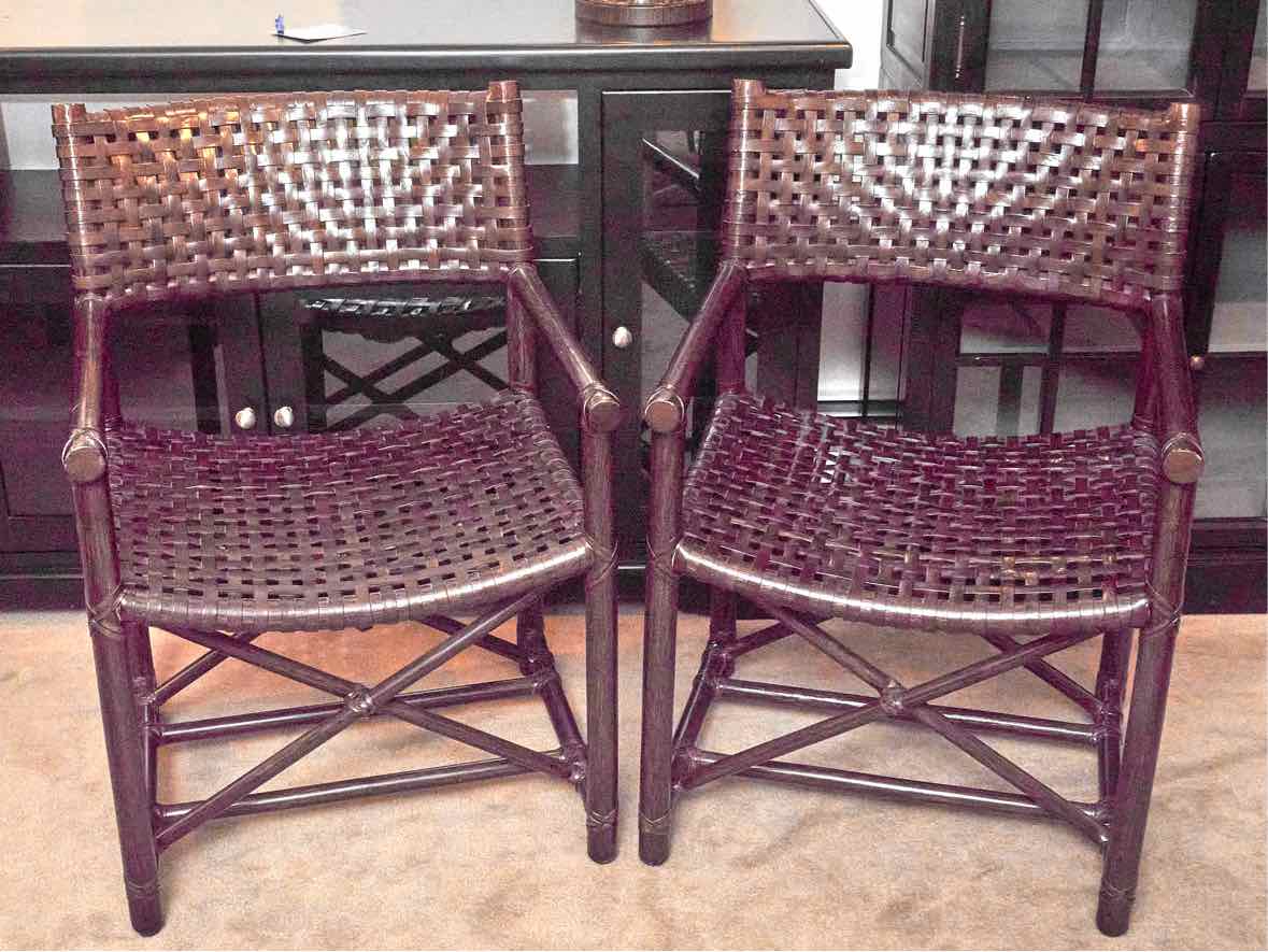 Pair of McGuire 'Antalya' Laced Rawhide In Dark Tobacca Finish Arm  Chairs