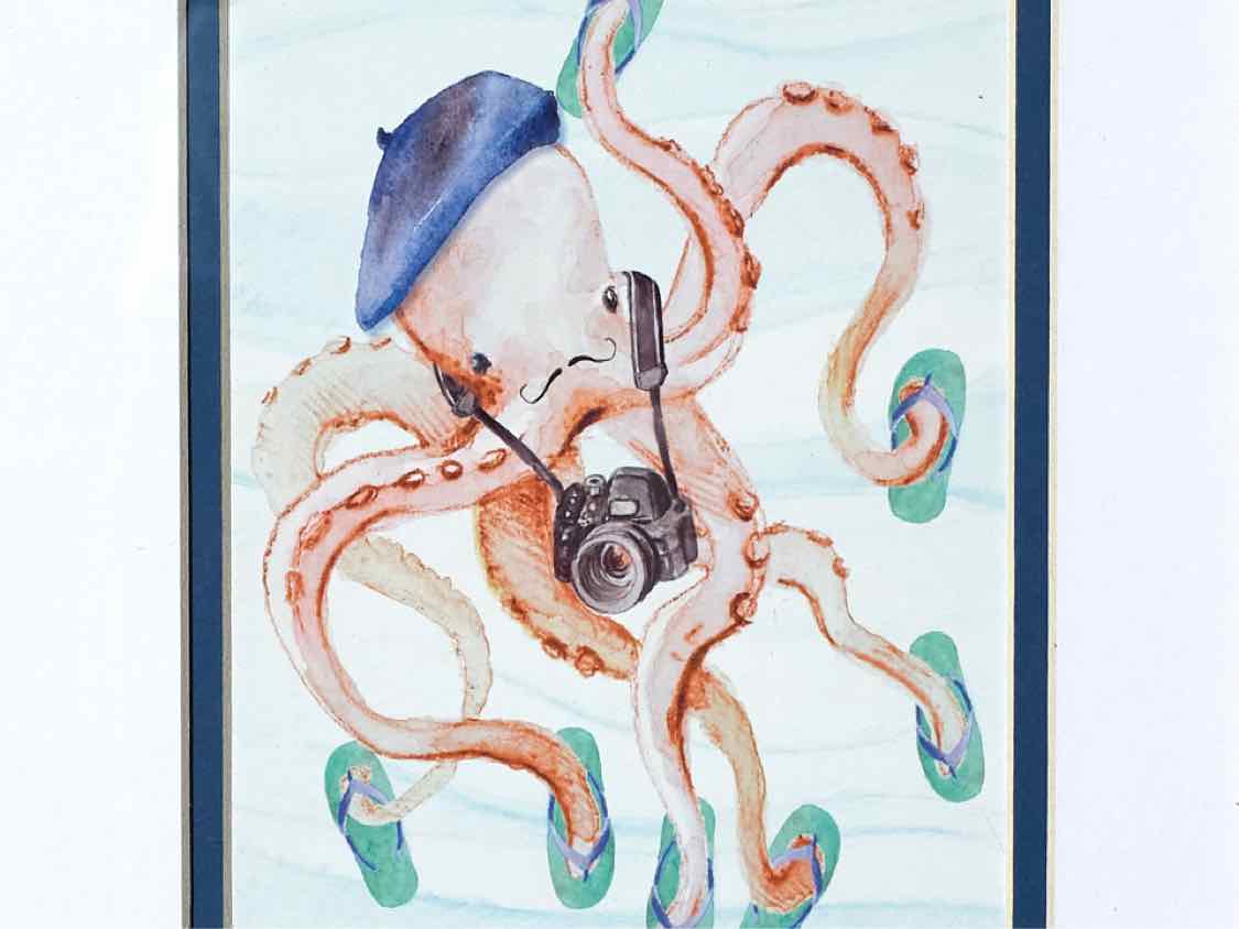 'Tourist Octopus' Watercolor Print In Ash Frame