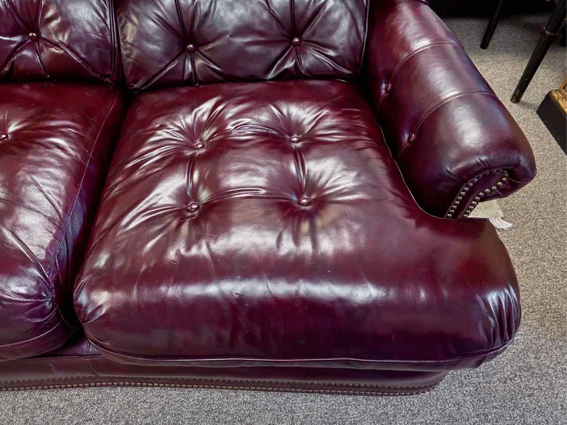 Distinction Oxblood Red Leather Tufted 3 Cushion Sofa with Nailhead Trim